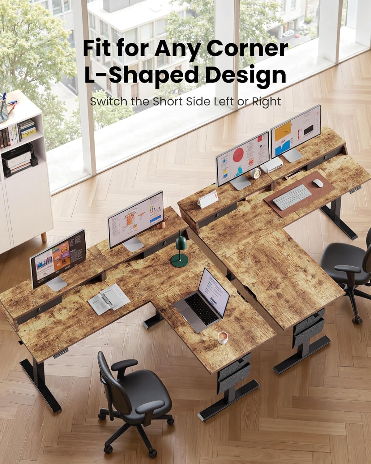 ErGear L Shaped Electric Standing Desk, 63" Ergonomic Corner Height Adjustable Desk with Drawers, Sit Stand Computer Table with Storage for Work Office Home, Vintage Brown