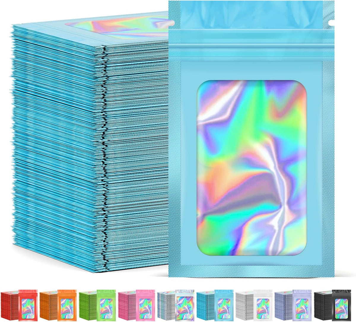 300 Pcs Mylar Bags, Smell Proof Bags Foil Pouch, Holographic Resealable Bags for Small Business, Candy Sample Jewelry Bag Sealable Packaging for Party Favor Food Storage (2.4x3.9in-Blue)