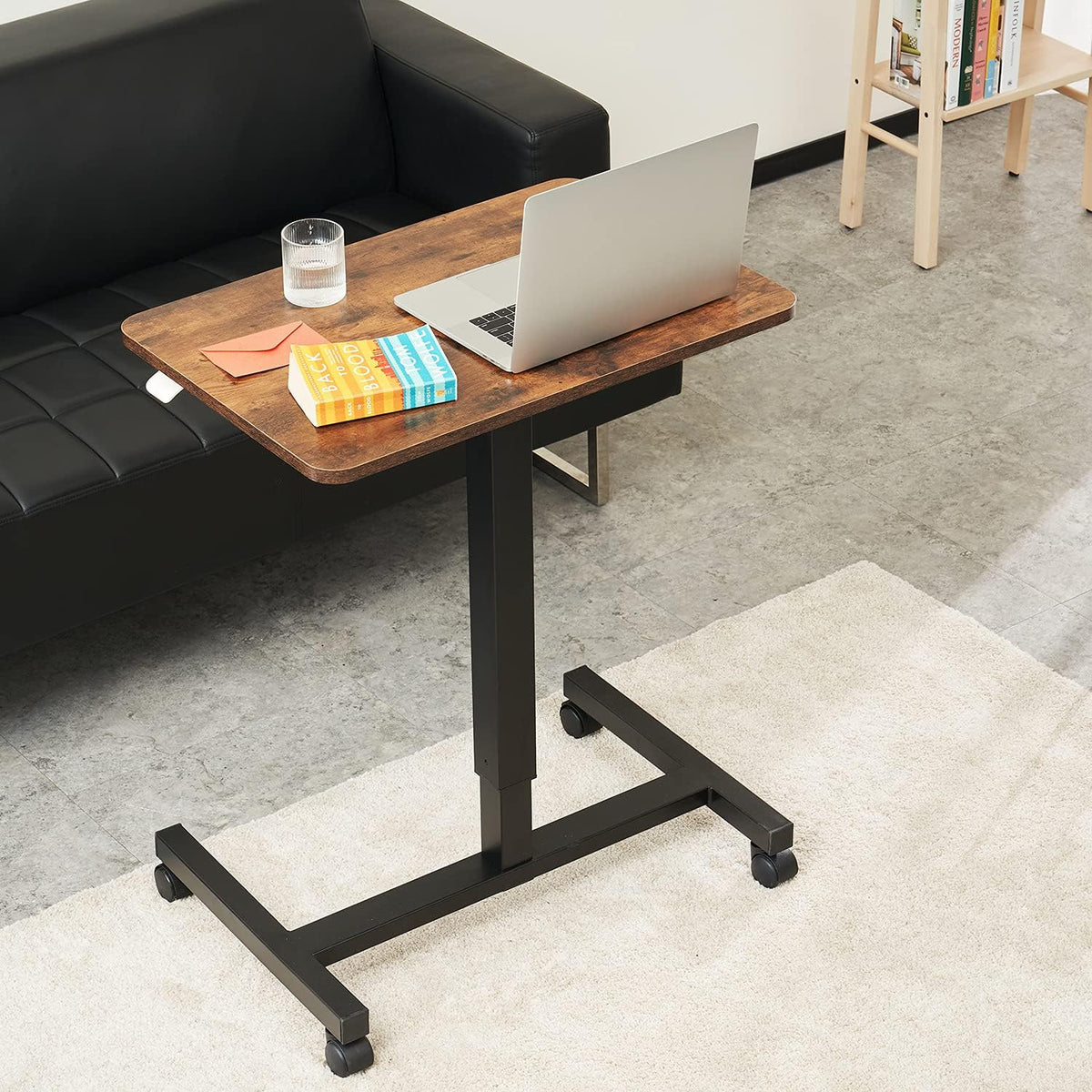 CLATINA Mobile Laptop Desk Pneumatic Sit to Stand Table Height Adjustable Rolling Cart with Lockable Wheels for Home Office Computer Workstation 28" x 19" Brown Round Edge Design Elegant