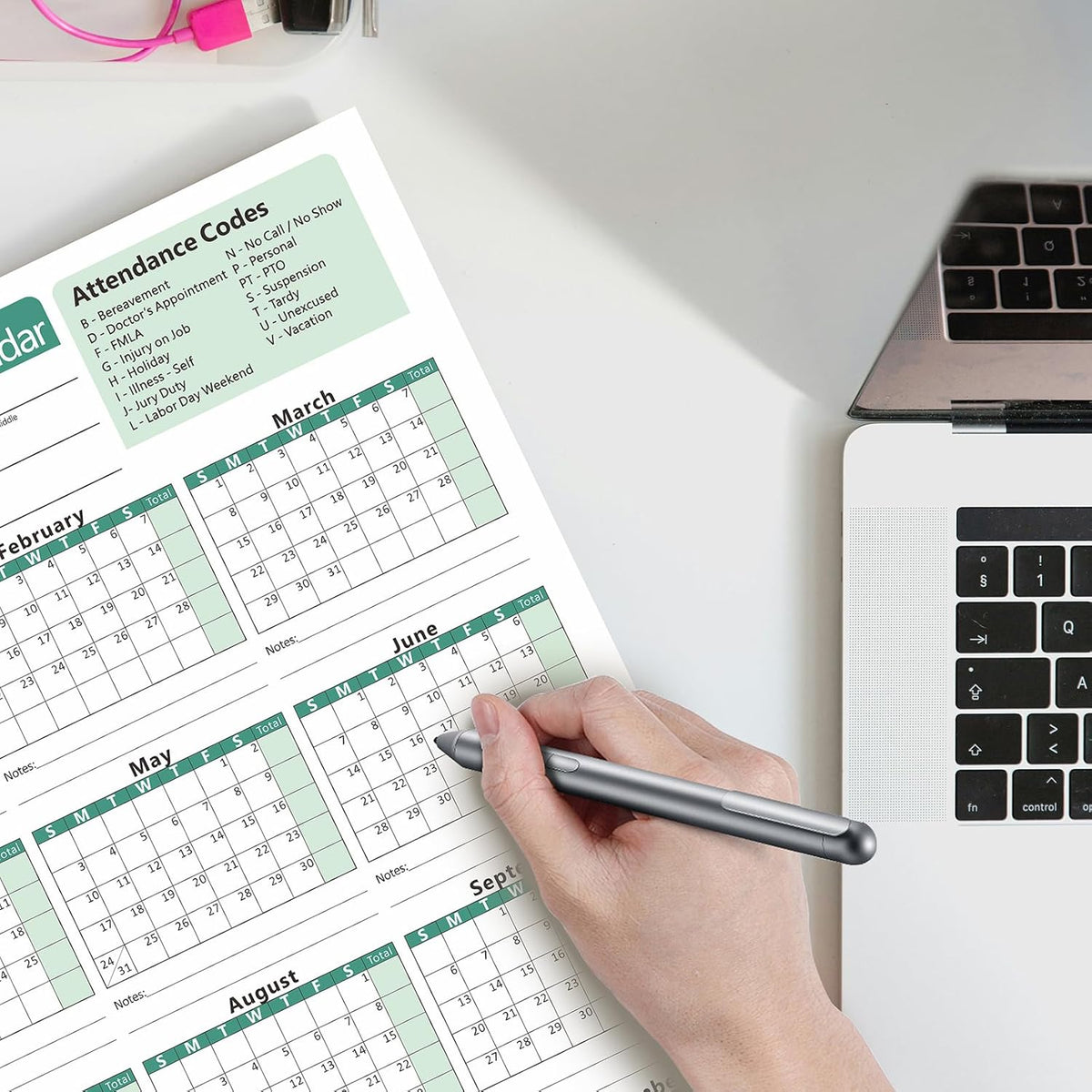 2026 Attendance Calendar - Record Employee Work Tracker Attendance Cards - Each Sheet 8.5 X 11 100lb CardStock Paper Make (25 Sheets -Green)