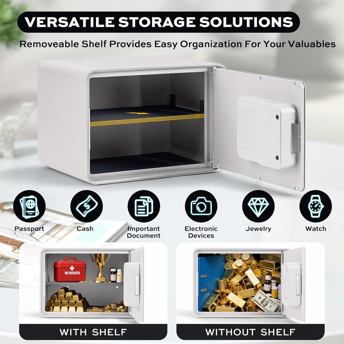 Biometric Safe for Home, 0.6 Cube Feet Auto-Open Fingerprint Safe with Touch Screen, Alarm System & Removable Shelf, Small Money Box for Cash, Jewelry, Documents, Home Office Use,White