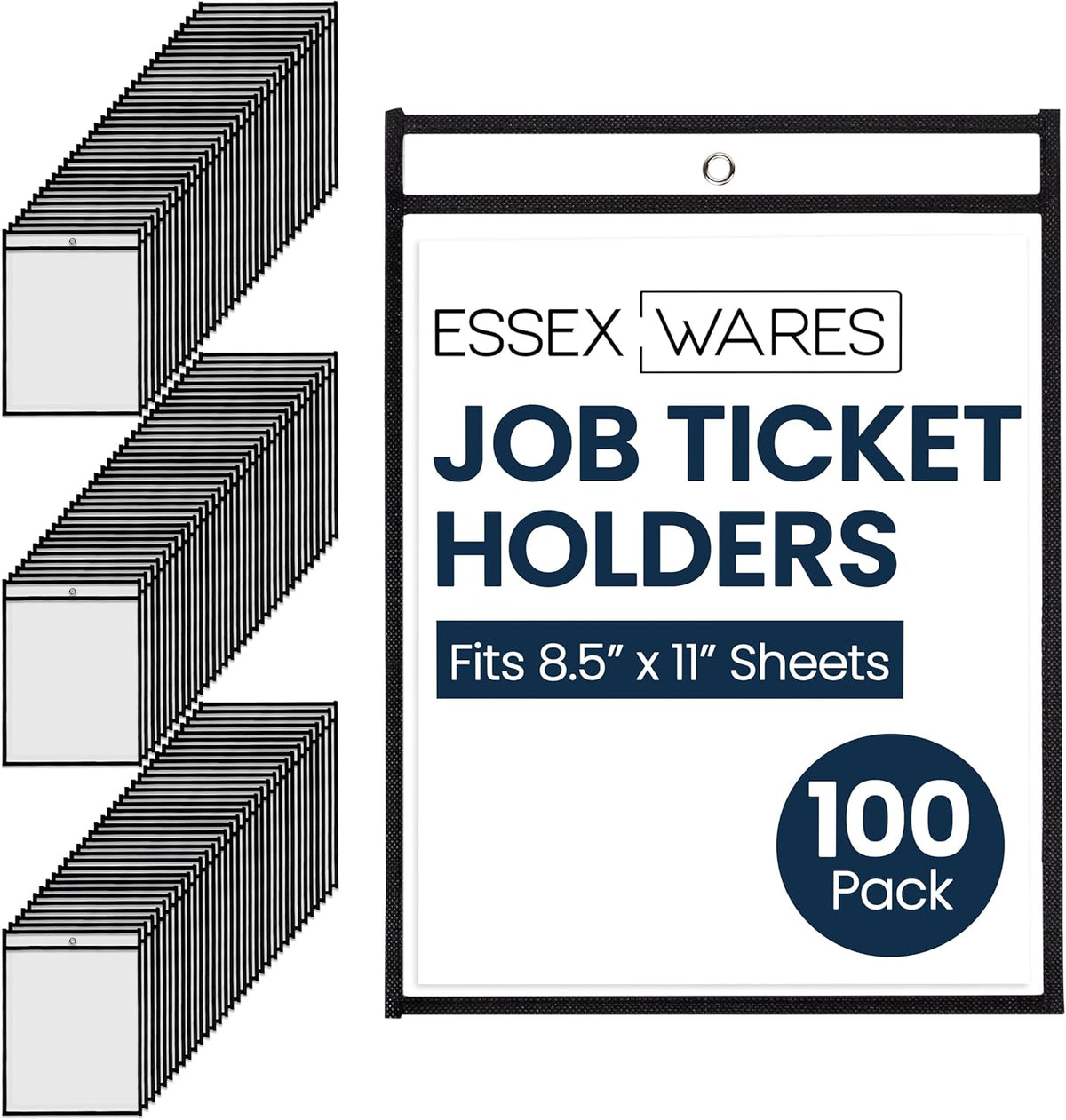 Essex Wares - 100 Pack, Black, Job Ticket Holders, 10" Wide x 13.5" Tall - Clear Plastic Shop Ticket Holders - Easy to Use, Reusable & Easy Erase Plastic Invoice Holders, Water-Resistant & Durable