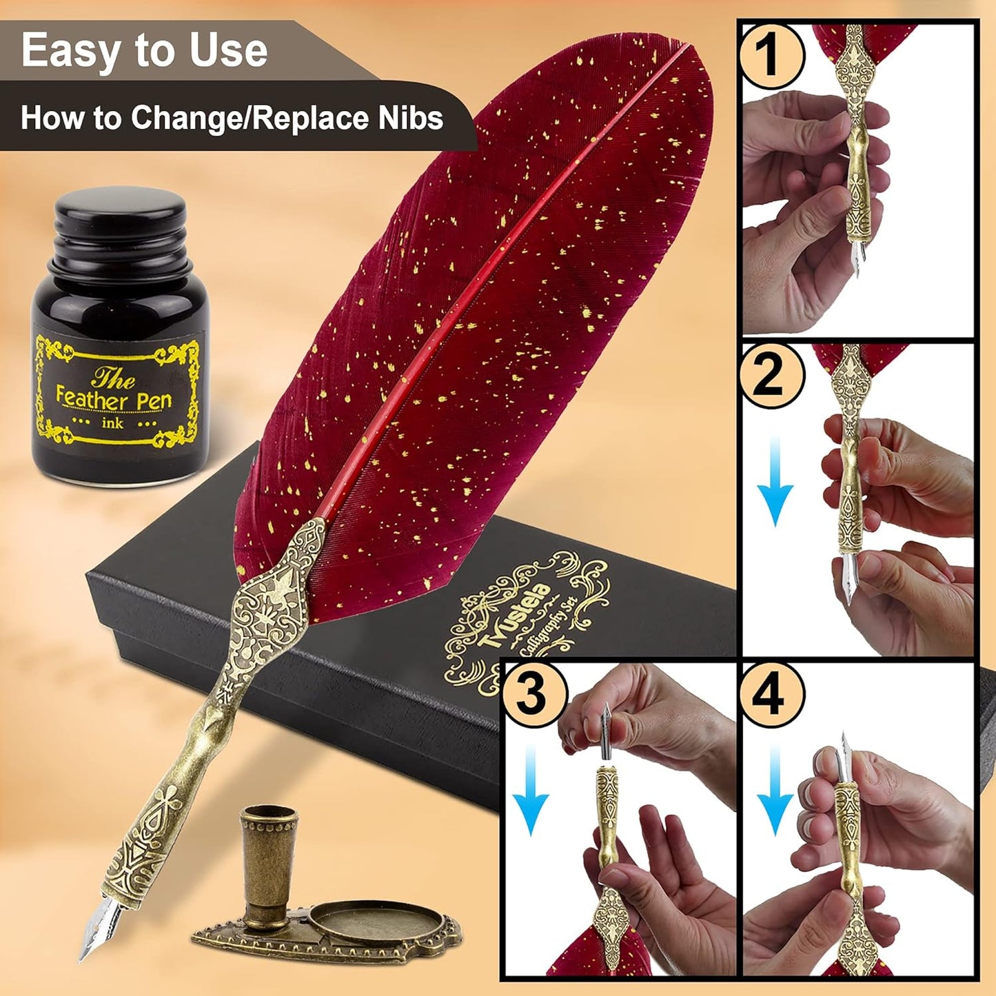 Calligraphy Set - Feather Quill Pen And Ink For Beginners (RedFeather)