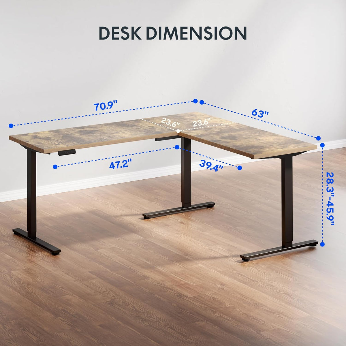 FLEXISPOT L Shaped Standing Desk, 71 x 63 Inch Electric Height Adjustable Corner Desk, Sit Stand Computer Workstation, Preset Controller, Home Office, Black Frame with Rustic Brown Top