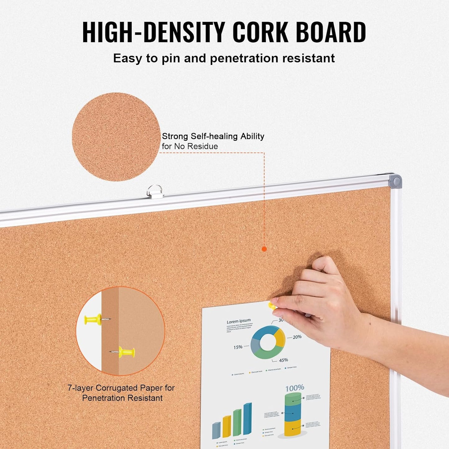 VEVOR 48"x36" Large Cork Board – Wall-Mounted Bulletin Board with Pin Board – Perfect for School, Home, Office