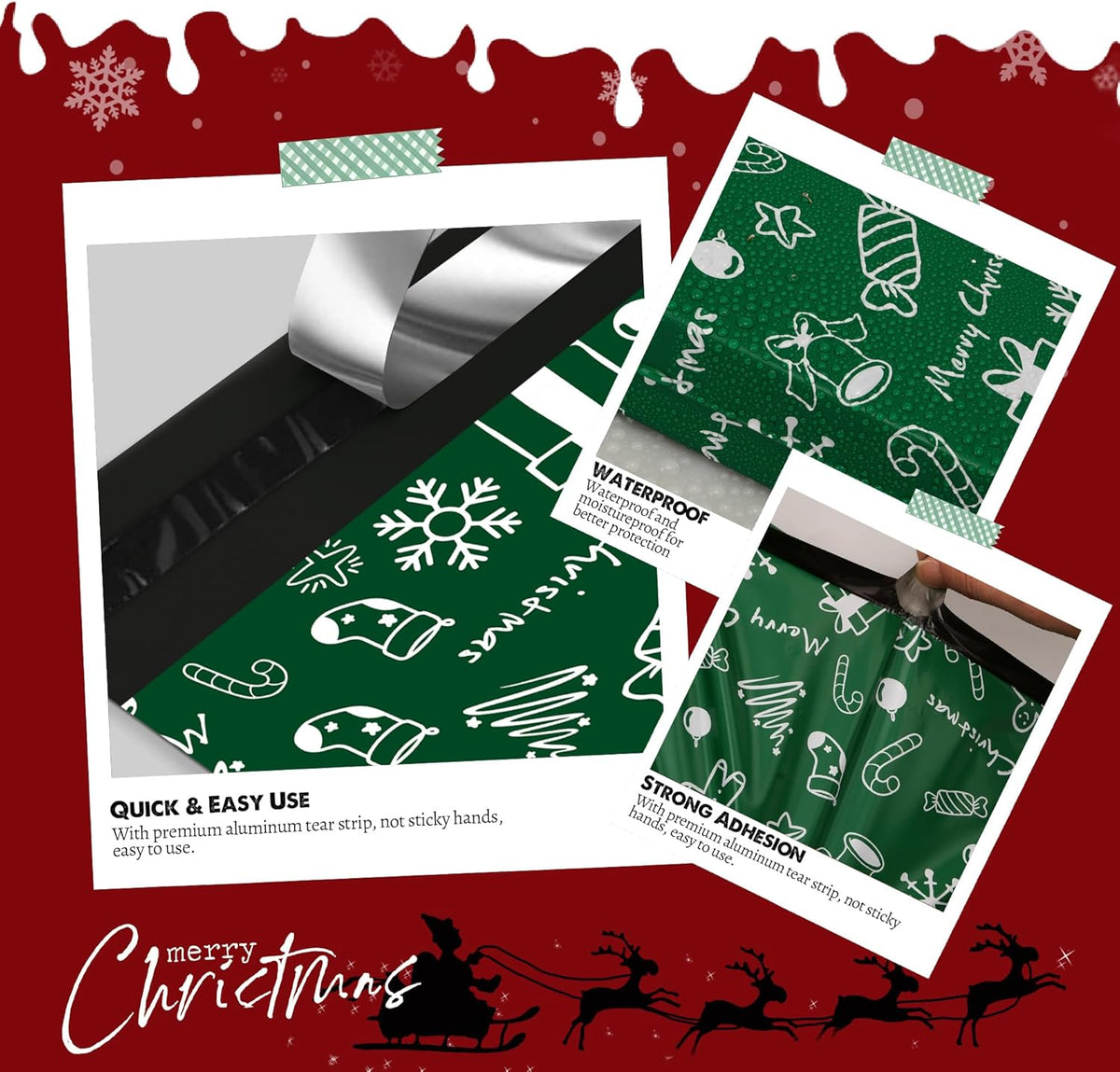 Christmas Poly Mailer - 6x9 Inch, 100 Pcs Waterproof Tear-Resistant Mailer Bags with Self-Seal - Green Merry Christmas