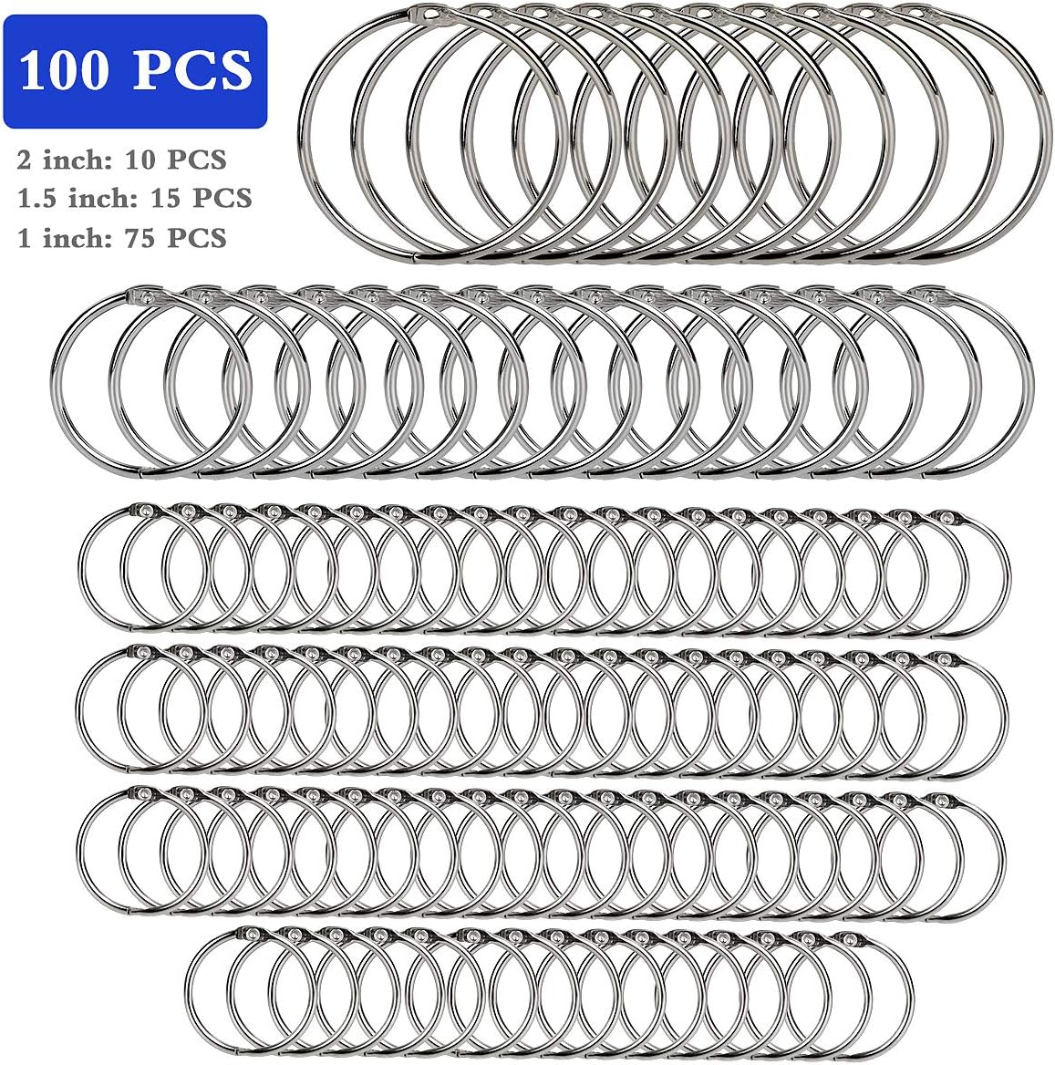 Binder Rings,KASEMI 100pcs Book Rings Assorted Sizes (1,1.5,2 inch) for School,Classroom,Office