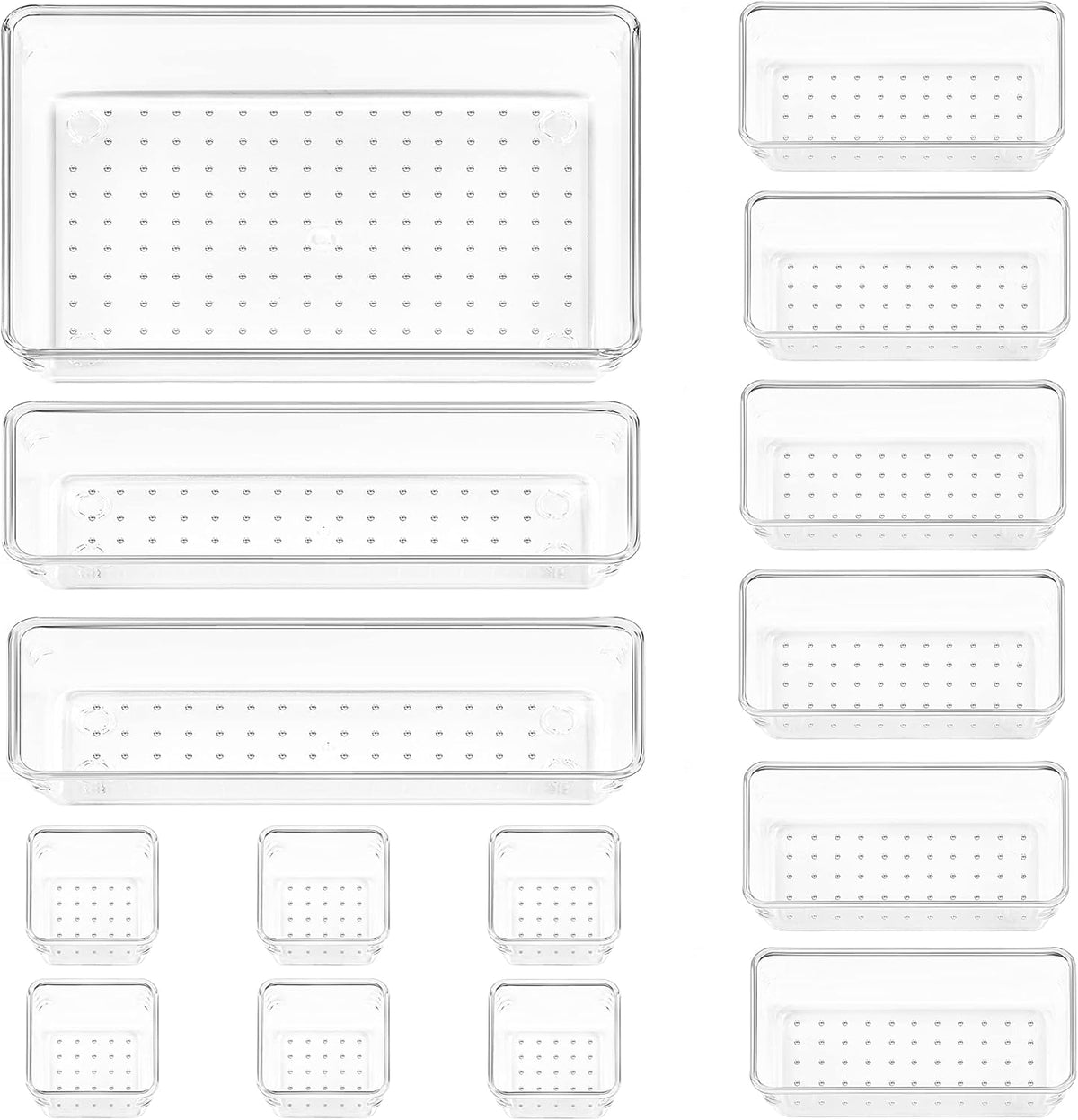 Vtopmart 15 PCS Clear Plastic Drawer Organizers Set, 4-Size Versatile Bathroom and Vanity Organizer Trays, Non-Slip Storage Containers for Makeup, Jewelries, Bedroom，Kitchen Utensils and Office