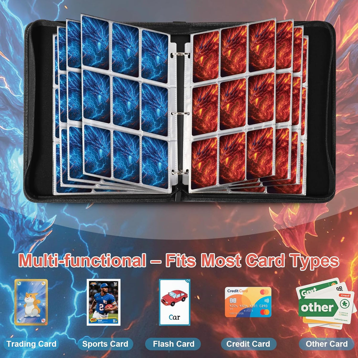 Dragon 9 Pocket Trading Card Holder Binder, Holds 900 Cards with 50 Removable Sleeves, Double-Sided Card Collection Binder Album for TCG, MTG, Sports Cards