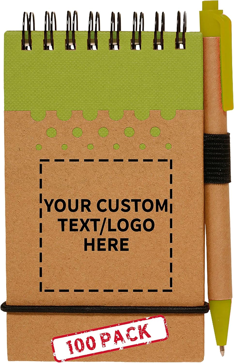 DISCOUNT PROMOS 100 Recyclable Spiral Small Notebooks Pack - Customizable Text, Logo - 60 Lined Pages - Lime Green