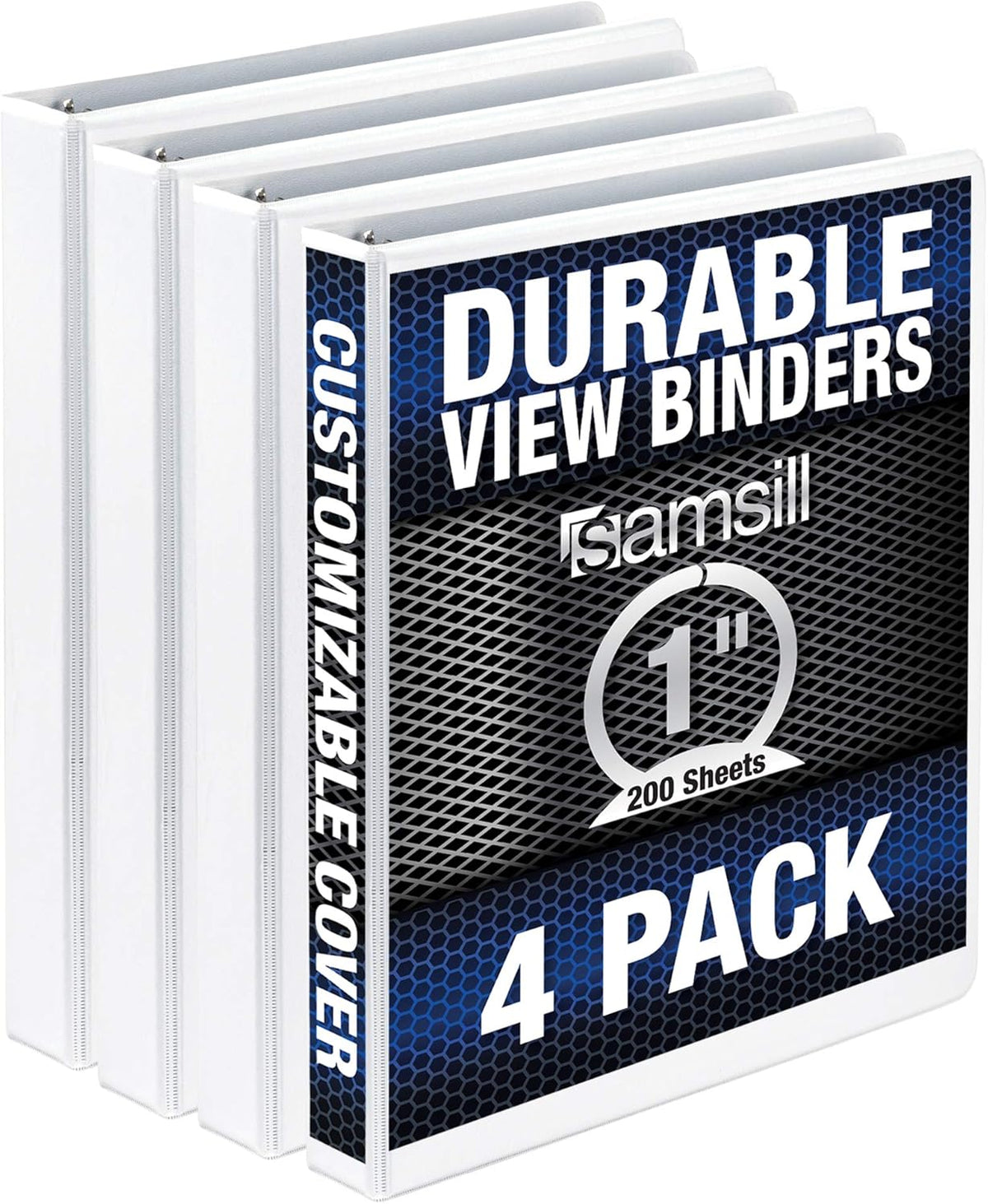 Samsill Durable 1 Inch Binder, Made in The USA, Round Ring Customizable Clear View Binder, White, 4 Pack (MP48437)
