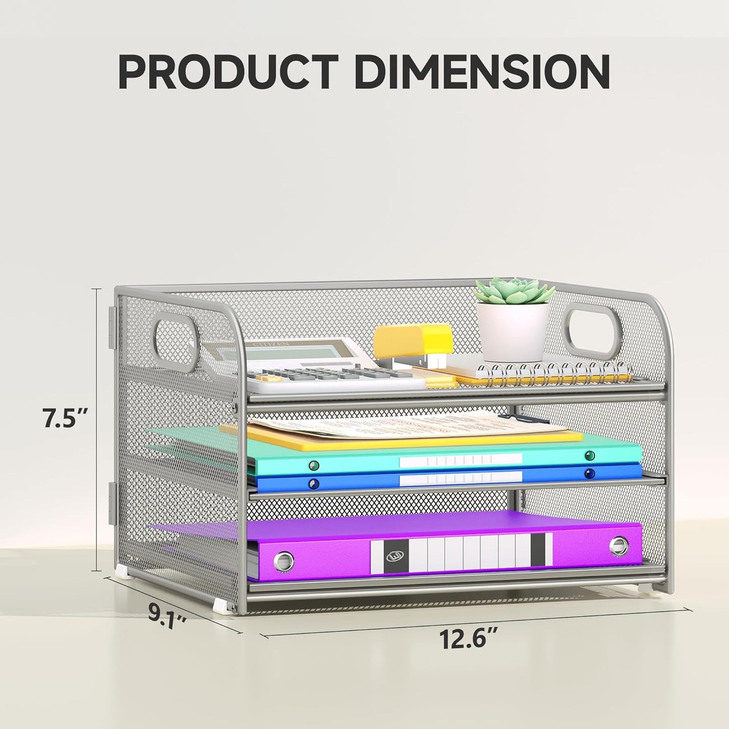3 Tier Paper Organizer with Handle, Metal Desk Organizer Mesh Paper Letter Tray Desktop File Folder Document Sorter for Classroom, School, Office Accessories Organization and Storage - Silver