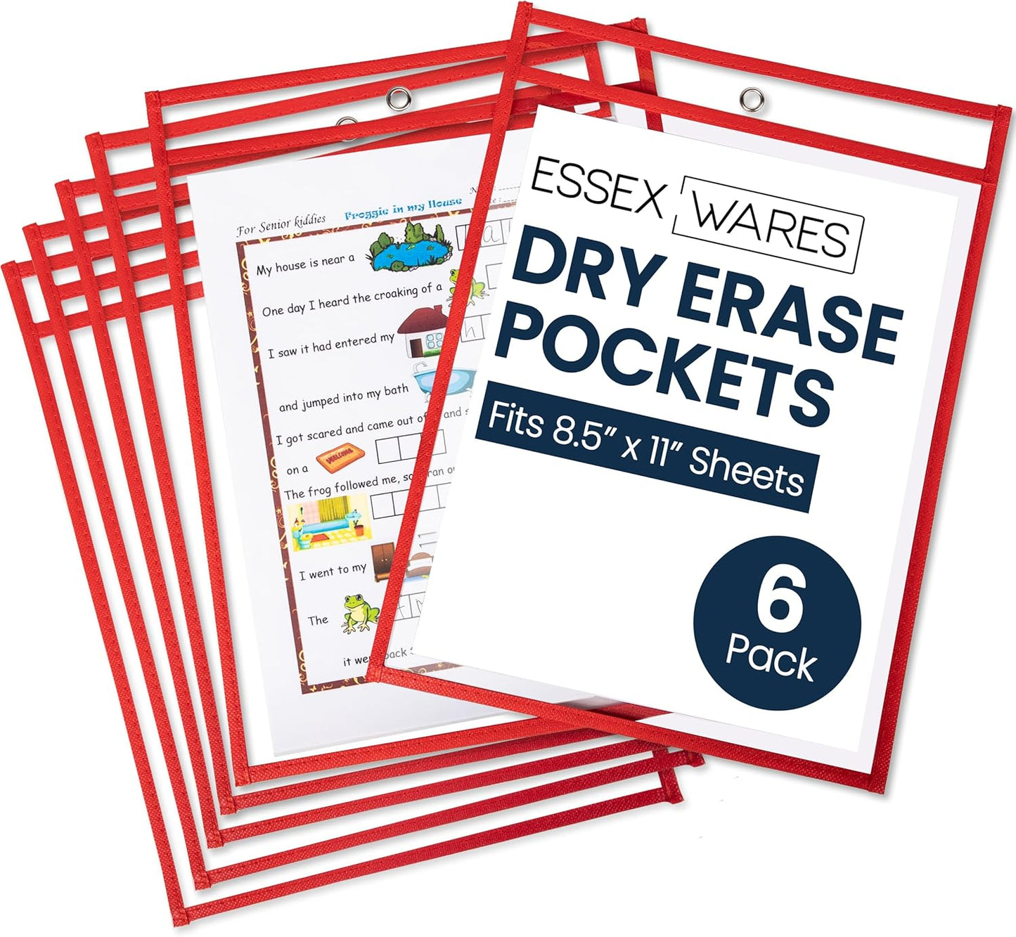 Essex Wares - 6 Pack, Red, Dry Erase Pocket Document Protectors, 10" Wide x 13.5" Tall - Clear Plastic Sleeves - Reusable & Easy Erase Plastic Invoice Holders, Water-Resistant & Durable