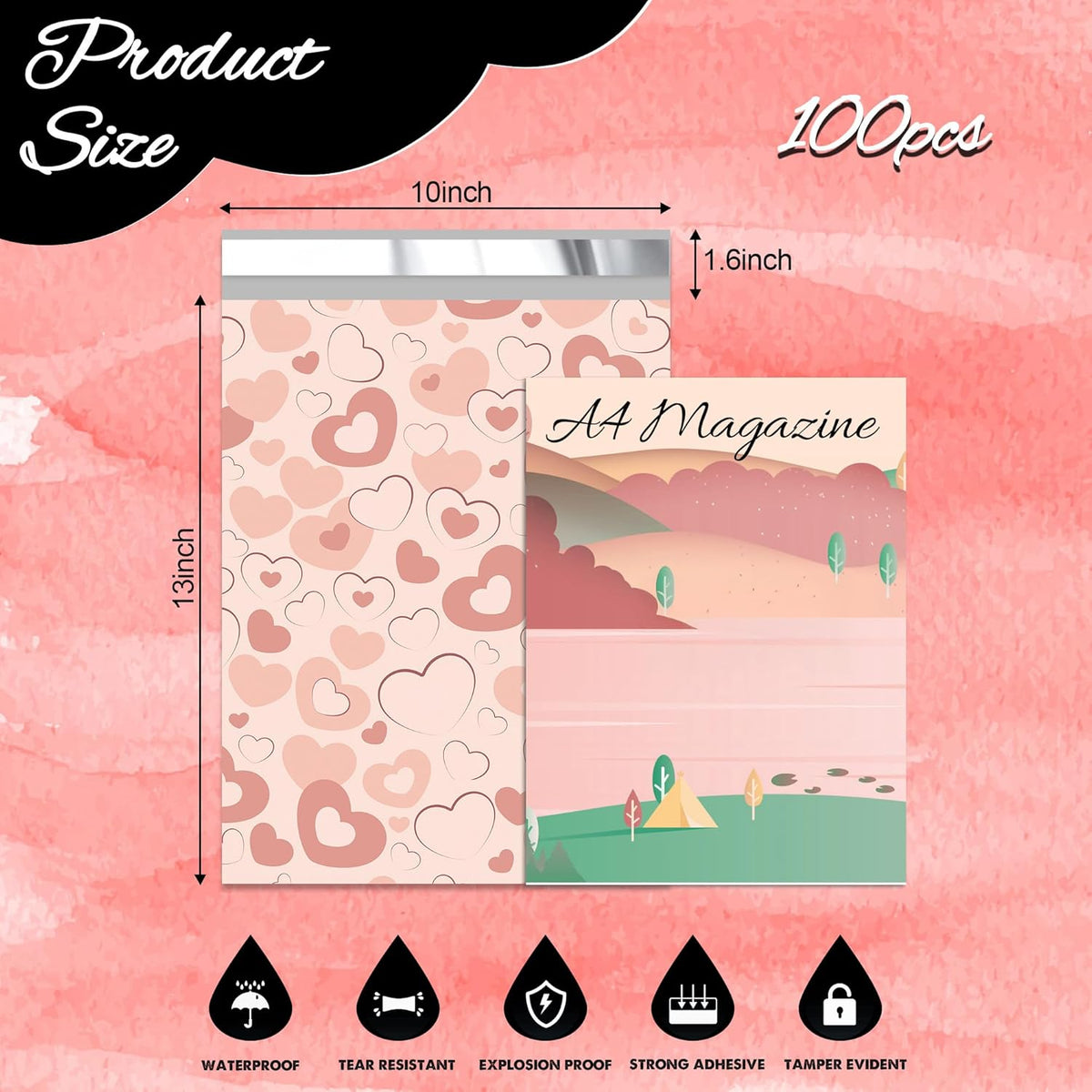 Pink Heart Poly Mailer 10x13 Inch 100 Pcs, Waterproof Shipping Bags for Clothing, Tear-Resistant Mailier Bags, Strong Mailing Bags with Self-Seal