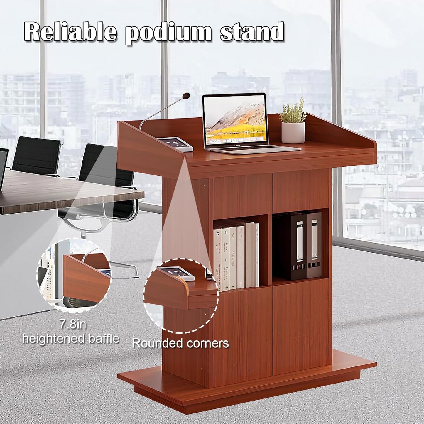 Solid Wooden Podium Stand Podiums for Classroom Lectern Podium Stand Wood Church Pulpit with 3 Levels of Storage and Heightened Baffles (Teak Color, 39.4in)