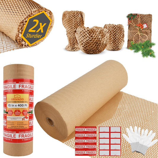 Honeycomb Packing Paper 15"x400' Roll with Fragile & Labeling Stickers, Gloves - Bubble Wrap for Moving,Products & Gifts Wrapping Paper, Recyclable & Biodegradable Cushioning Packing Material