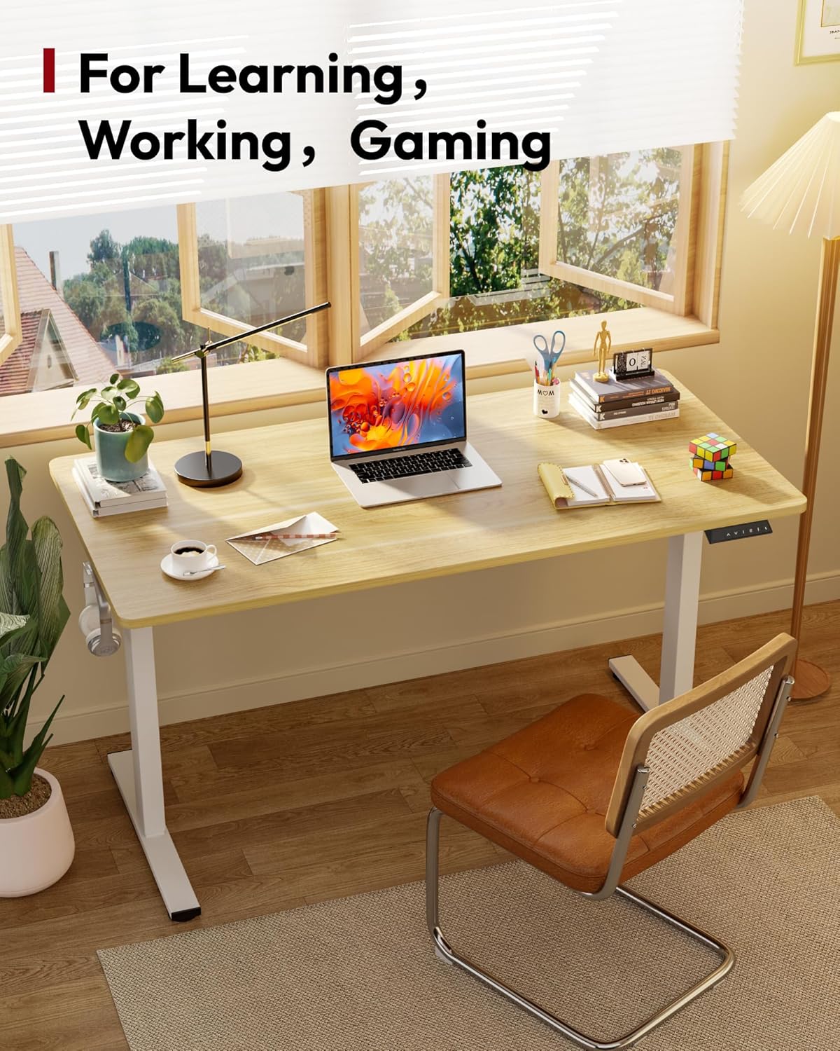 SANODESK Electric Standing Desk 48 x 30 Inches Whole-Piece Desktop Height Adjustable Stand Up Desk w/6-Button Controller Ergonomic Computer Desk for Home Office, White Frame + Natural Tabletop