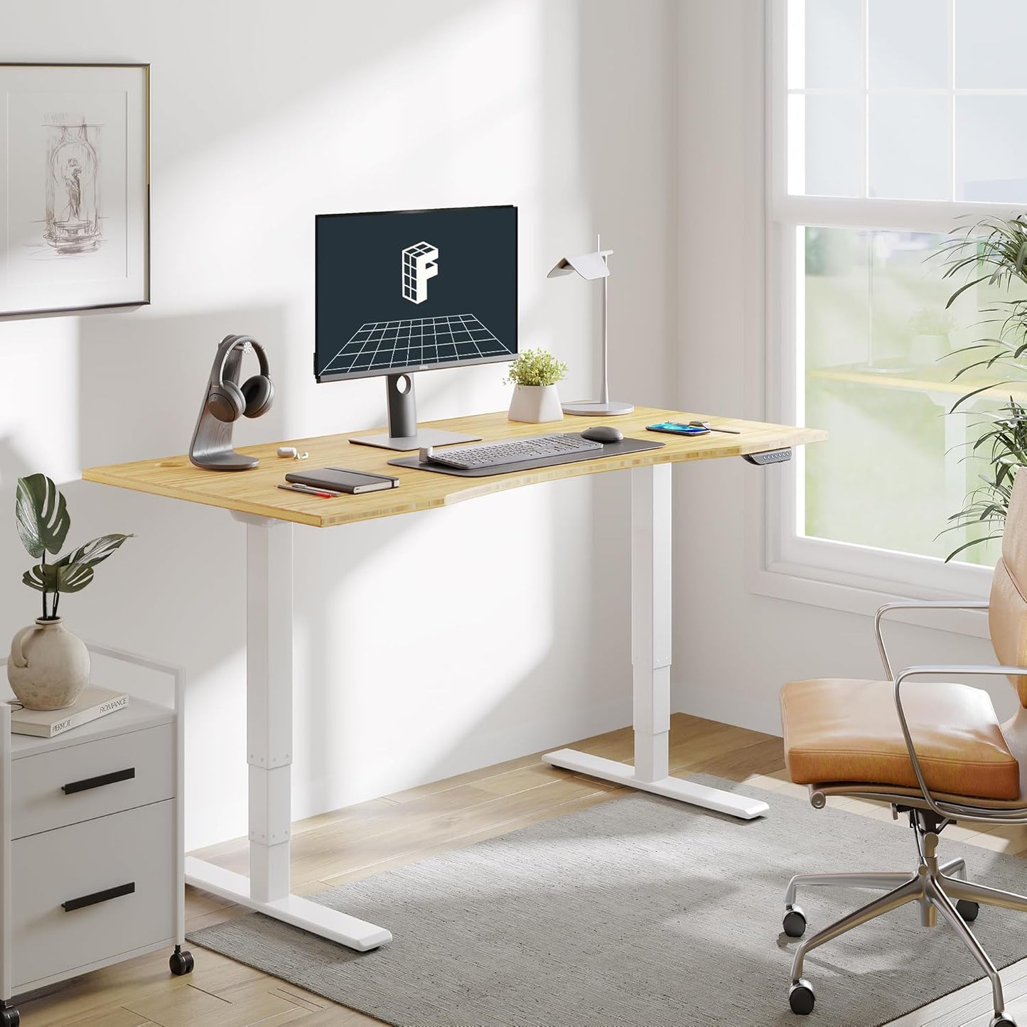 FLEXISPOT E6 MAX Bamboo Dual Motor 3 Stages Standing Desk 60x30 Inch Whole-Piece Board Electric Height Adjustable Stand Up Desk 150KG Load Capacity(White Frame + Bamboo Curved Desktop)