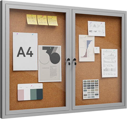 48"x36" Lockable Enclosed Bulletin Board, Outdoor Cork Weather-Resistant Aluminum Frame Notice Board, Wall Mounted Display Case Acrylic Doors for School,Office,Silver Frame w/Cork
