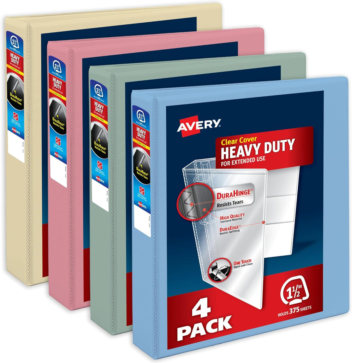 Avery Heavy-Duty View 3 Ring Binders, 1.5 Inch One Touch Slant Rings, 375-Sheet Capacity, Assorted Pastel Colors, 4-Pack (79634) – for School, Office, Teachers, Classrooms & Home Organization