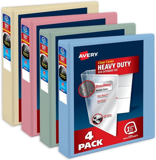 Avery Heavy-Duty View 3 Ring Binders, 1.5 Inch One Touch Slant Rings, 375-Sheet Capacity, Assorted Pastel Colors, 4-Pack (79634) – for School, Office, Teachers, Classrooms & Home Organization