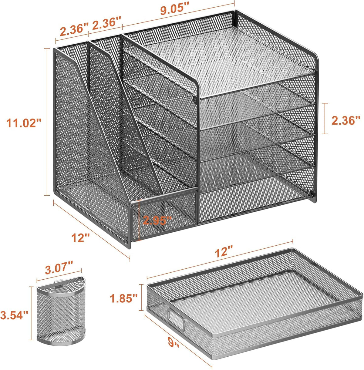 Marbrasse 5-Tier Paper Letter Tray Organizer with Drawer and Pen Holder, Mesh Desktop Organizer and Storage with Magazine Holder for Office Supplies (Grey)