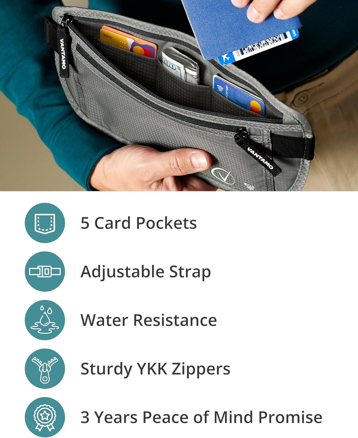 Vantamo Hidden Money Belt For Extra Safety, RFID Ultra-Thin Fanny Pack, 2 Compartment Money Bag Fits Passport & Phone