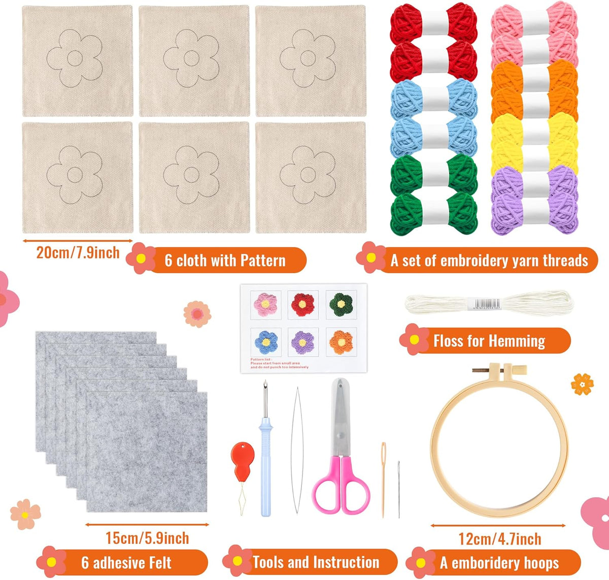 WATINC Flower Punch Needle Coaster Kit - 22Pcs Crafts Punch Needle Coasters Kits for Beginners, Flower Patterns Tufted Rug Pads with Adhesive Felt Yarns Embroidery Hoop Instruction