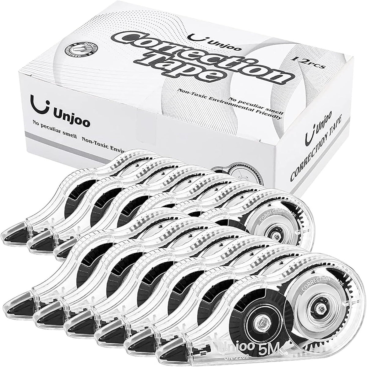 White Correction Tape, Easy To Use Applicator for Instant Corrections Wrong Writing At Any Time, For school, Office (12pack, 5M/196" x 0.2", Black)