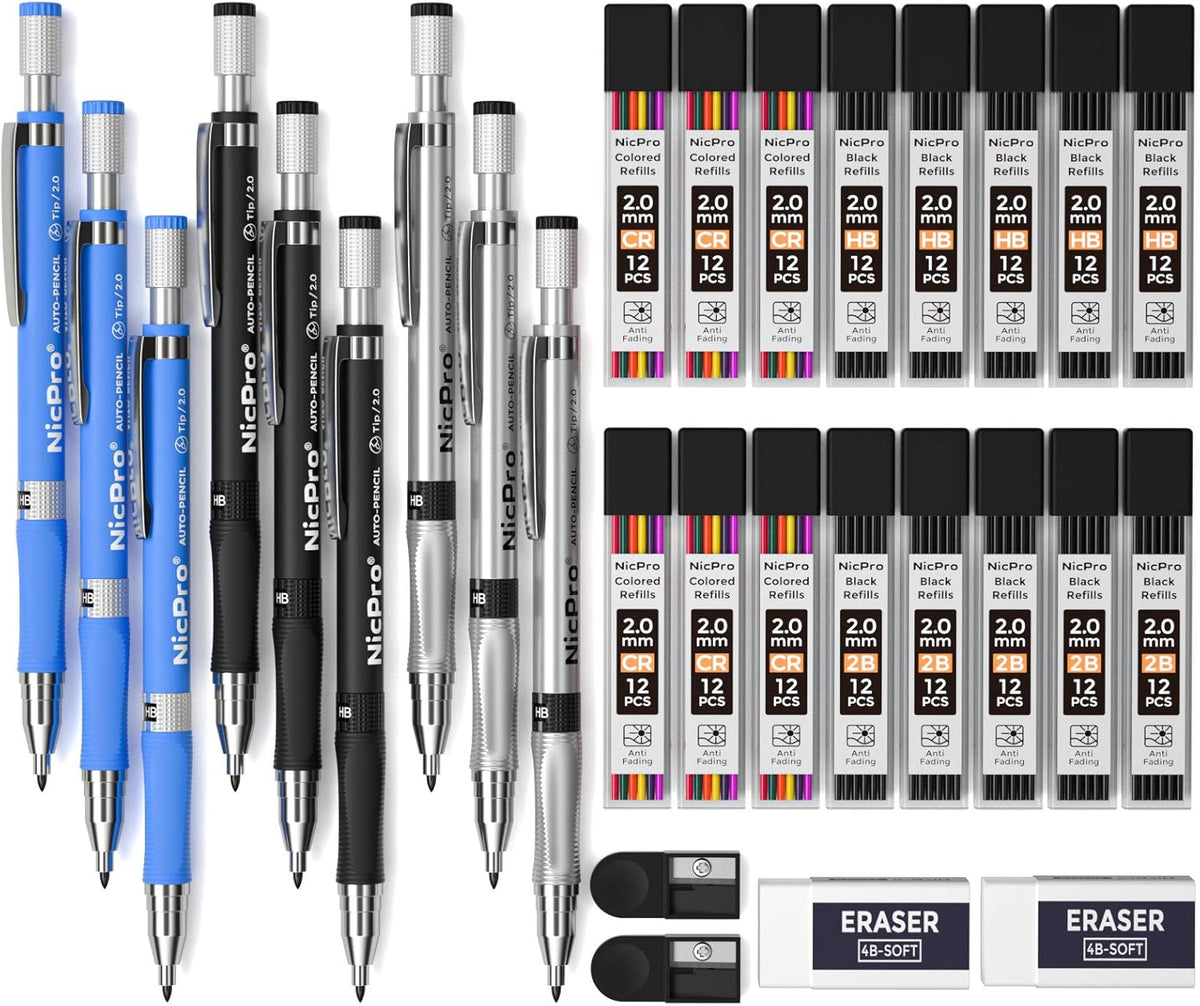 Nicpro 29 Pieces 2mm Mechanical Pencil Set, 9 PCS Drafting Carpenter Pencils 2.0 mm for Art Drawing Sketching construction with 192 Lead Refills Pre-Sharpen HB & 2B & Colors, 2 Erasers, 2 Sharpener