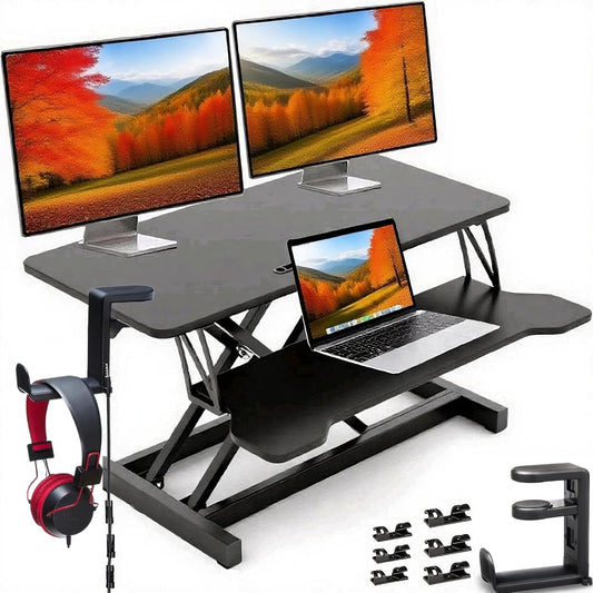 37-inch Standing Desk Converter,Height Adjustable Sit to Stand Up Workstation Riser, Dual Monitor and Laptop Riser with Wide Keyboard Tray, Headphone Stand,Cable Clips,for Home Office, Black