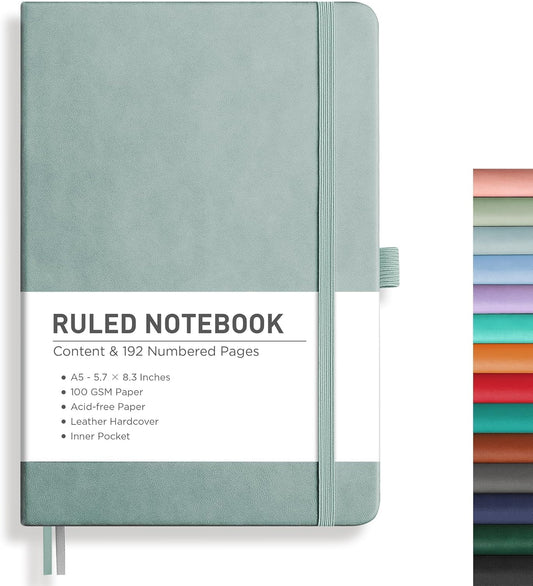 RETTACY Lined Journal Notebook, 192 Numbered Pages, A5 Medium Size (5.7'' x 8.3''), for Men & Women, Journaling, Writing, Work & Office, Leather Hardcover, 100 GSM Thick Paper (Blue-gray)