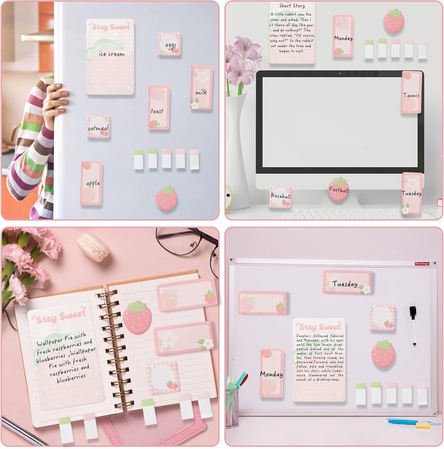 Xqumoi Life is Berry Sweet Sticky Notes Set, 550 Sheets, Strawberry Pattern Self-Stick Notes Pads Summer Fruit Divider Tabs Bundle Writing Memo Pads Back to School Office Supplies Small Gift