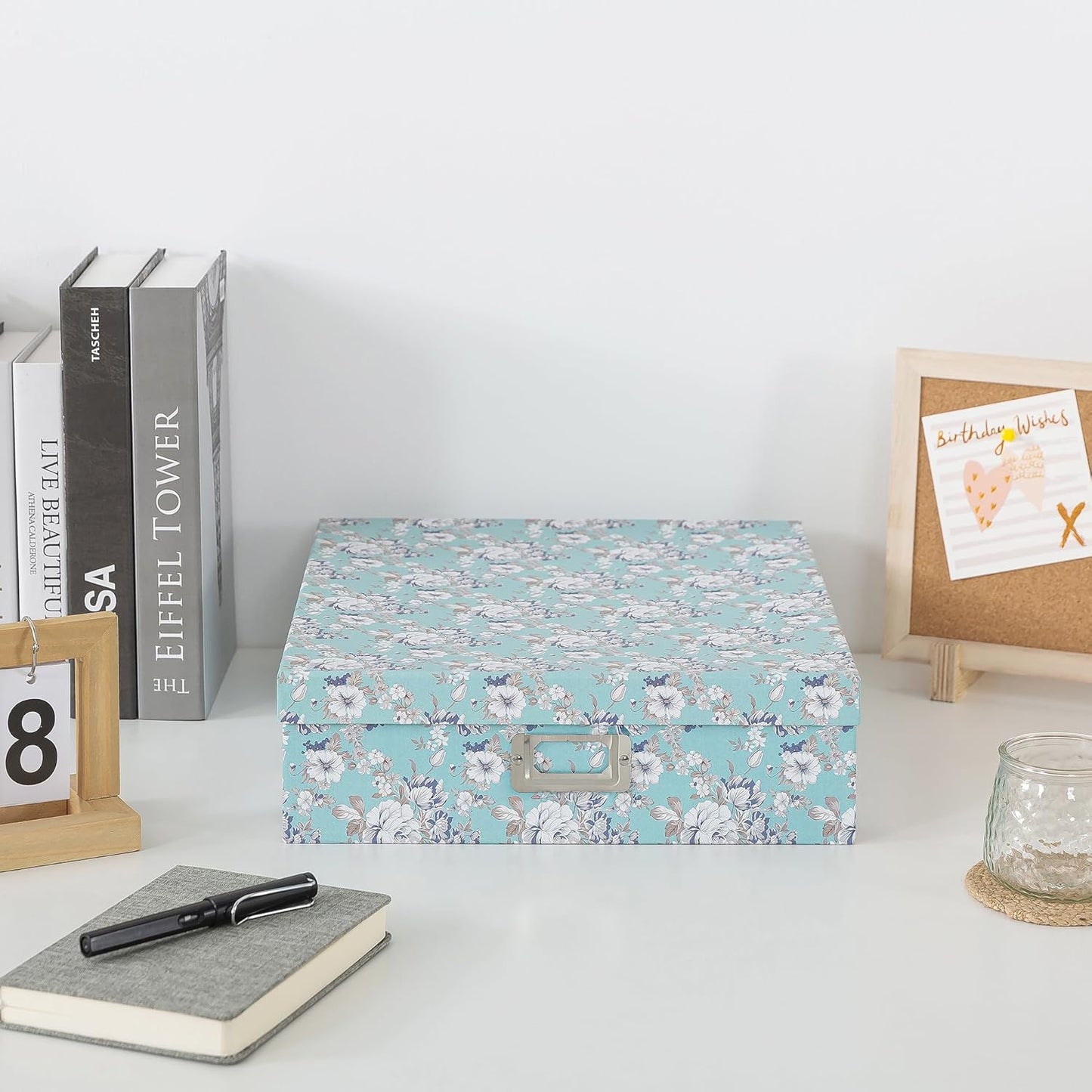 Soul & Lane Photo Storage Box with Lid, 14.8 × 13.0 × 3.7 Inches, Floral Keepsake Memory Organizer, Cardboard Storage for Photo Albums, Scrapbooks, Artwork, Stationary, Memorabilia, Blue Cottage