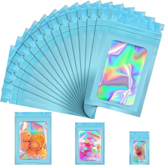 100 Pcs Mylar Bags, Smell Proof Bags Foil Pouch, Holographic Resealable Bags for Small Business, Candy Sample Jewelry Bag Sealable Packaging for Party Favor Food Storage (3x5in-Blue)