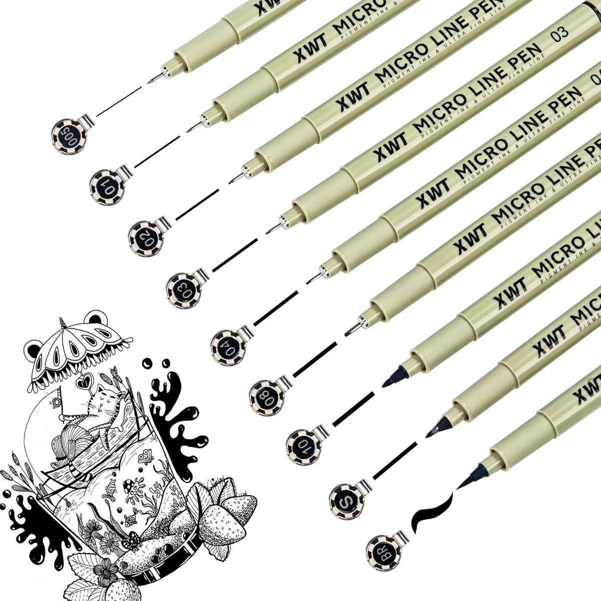Micro Fineliner Pens 9 Size/Set, Ultra Fine Fineliner, Soft Nib, Brush Marker, Water-based Black Pigment Ink, Drawing Journaling Doodle Supplies for Artists, Designers, Students