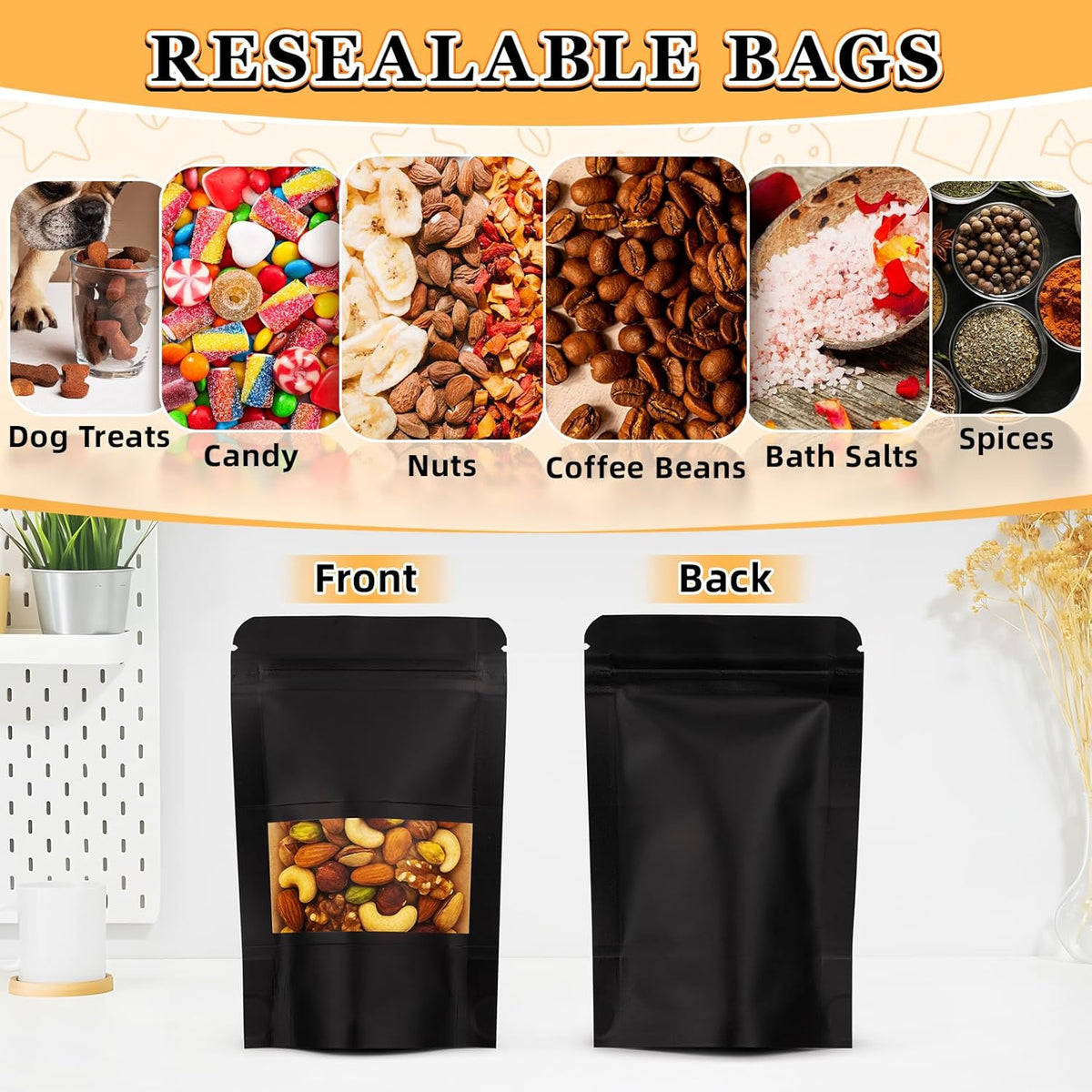 Mylar Bags for Food Storage, 100 Pack Smell Proof Bag with Window, Resealable Bags for Small Business, Candy Bags, Dog Treat Bag, Bakery Packaging, Stand Up Pouch (7.1"x10.2")