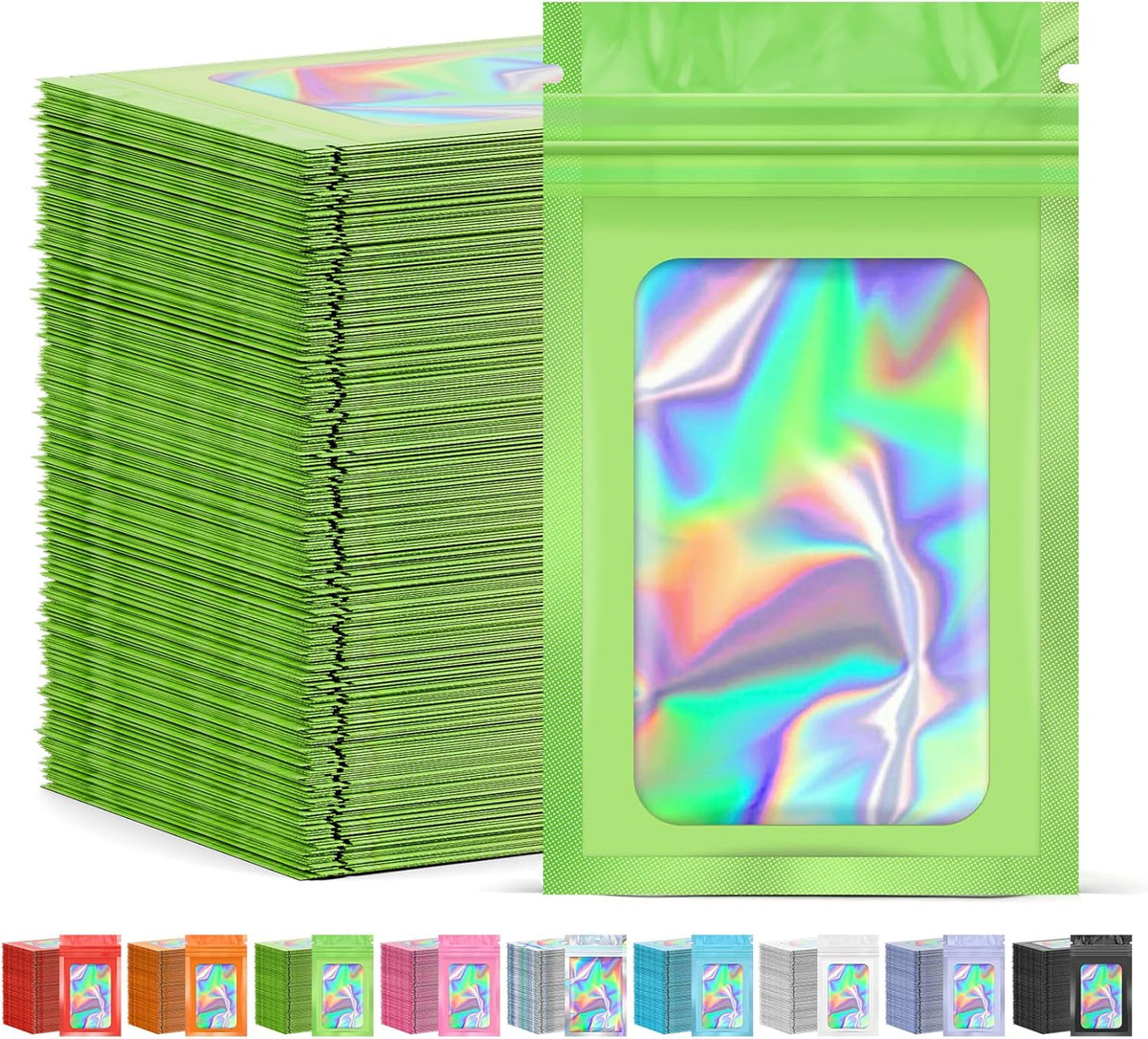 300 Pcs Mylar Bags, Smell Proof Bags Foil Pouch, Holographic Resealable Bags for Small Business, Candy Sample Jewelry Bag Sealable Packaging for Party Favor Food Storage (2.4x3.9in-Green)