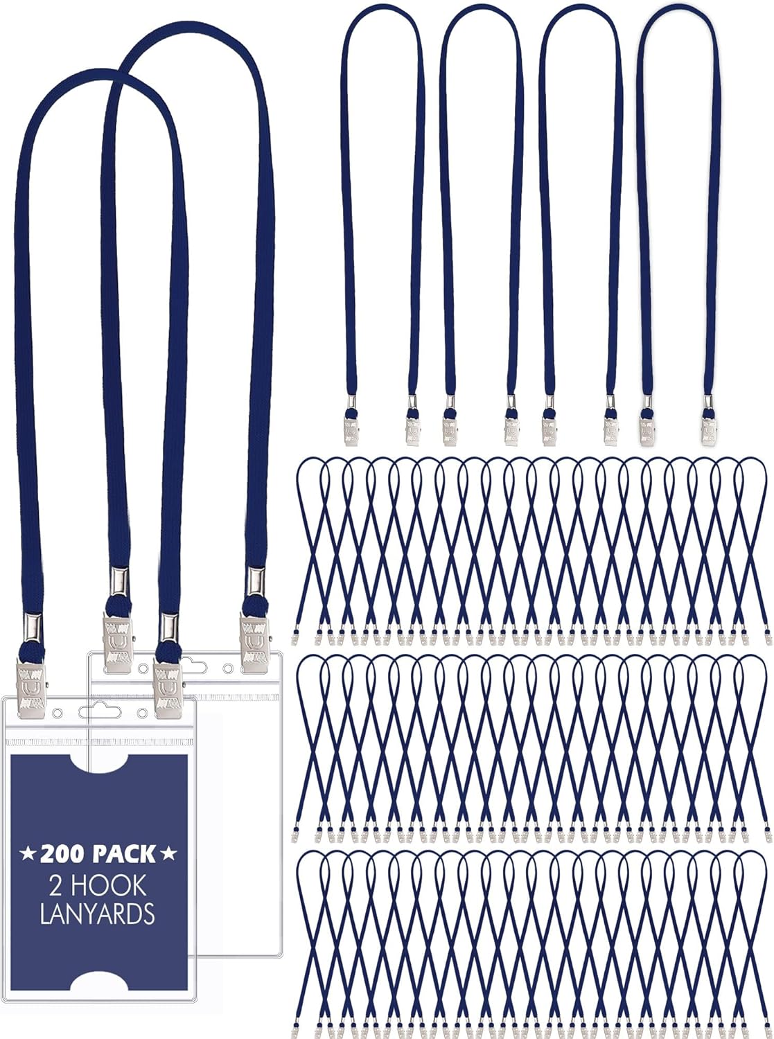 Patelai 200 Pack Double Clip Lanyards Bulk Face Mask Lanyards Twist Free 2 Hook Design Adjustable ID Badges Neck Straps for Conferences Office School Class Card Keychain (Navy Blue)
