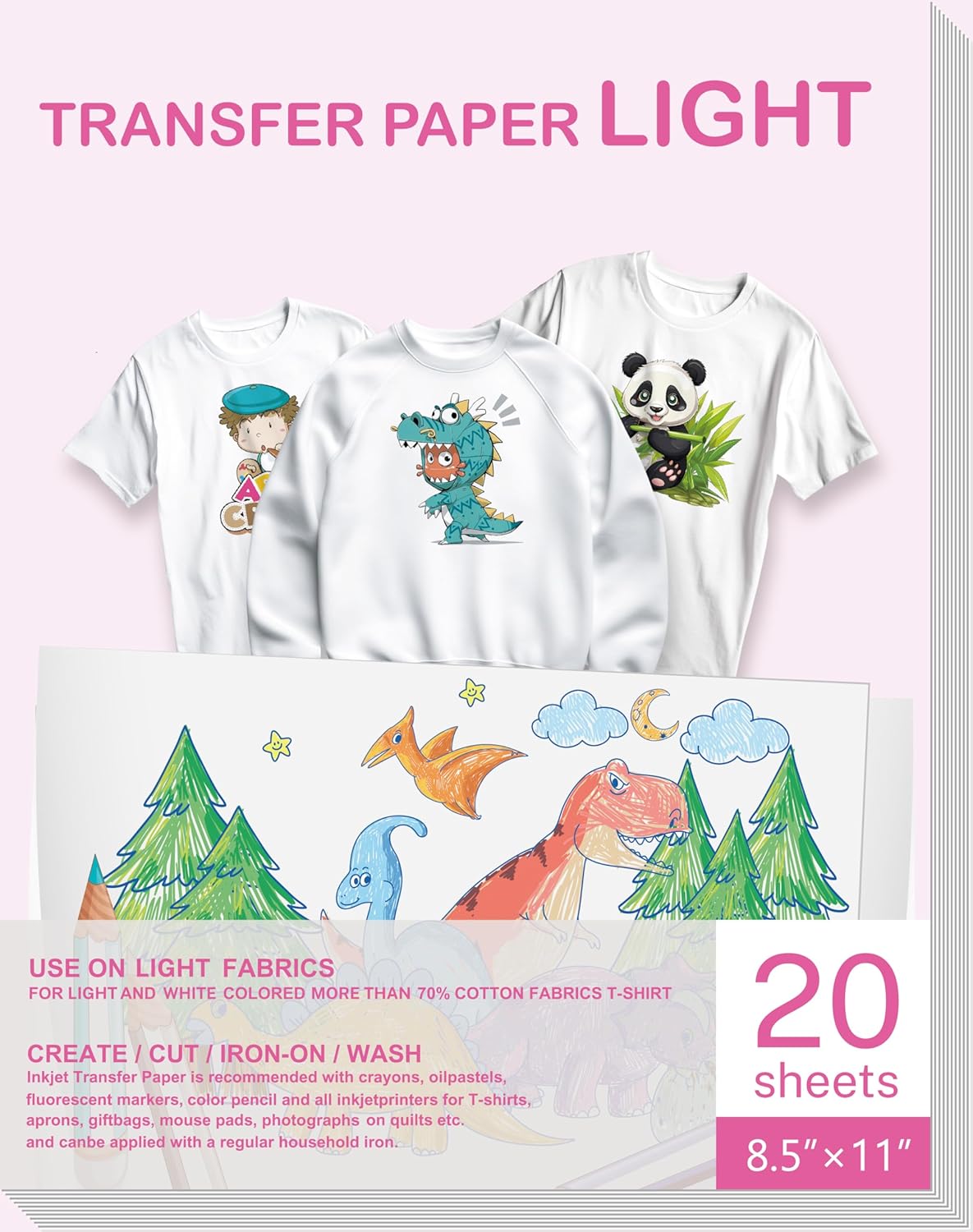 Heat Transfer Paper for Inkjet & Laserjet Printer (20 Sheets 8.5"x11", Light 3.0), Wash Durable, Long Lasting Printable HTV Infusible Ink Transfer Sheets, Vinyl Iron on Fabric Printer Paper