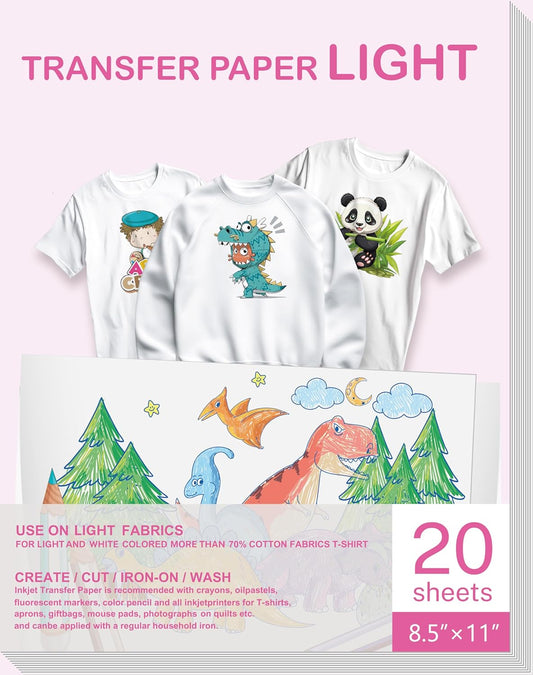 Heat Transfer Paper for Inkjet & Laserjet Printer (20 Sheets 8.5"x11", Light 3.0), Wash Durable, Long Lasting Printable HTV Infusible Ink Transfer Sheets, Vinyl Iron on Fabric Printer Paper