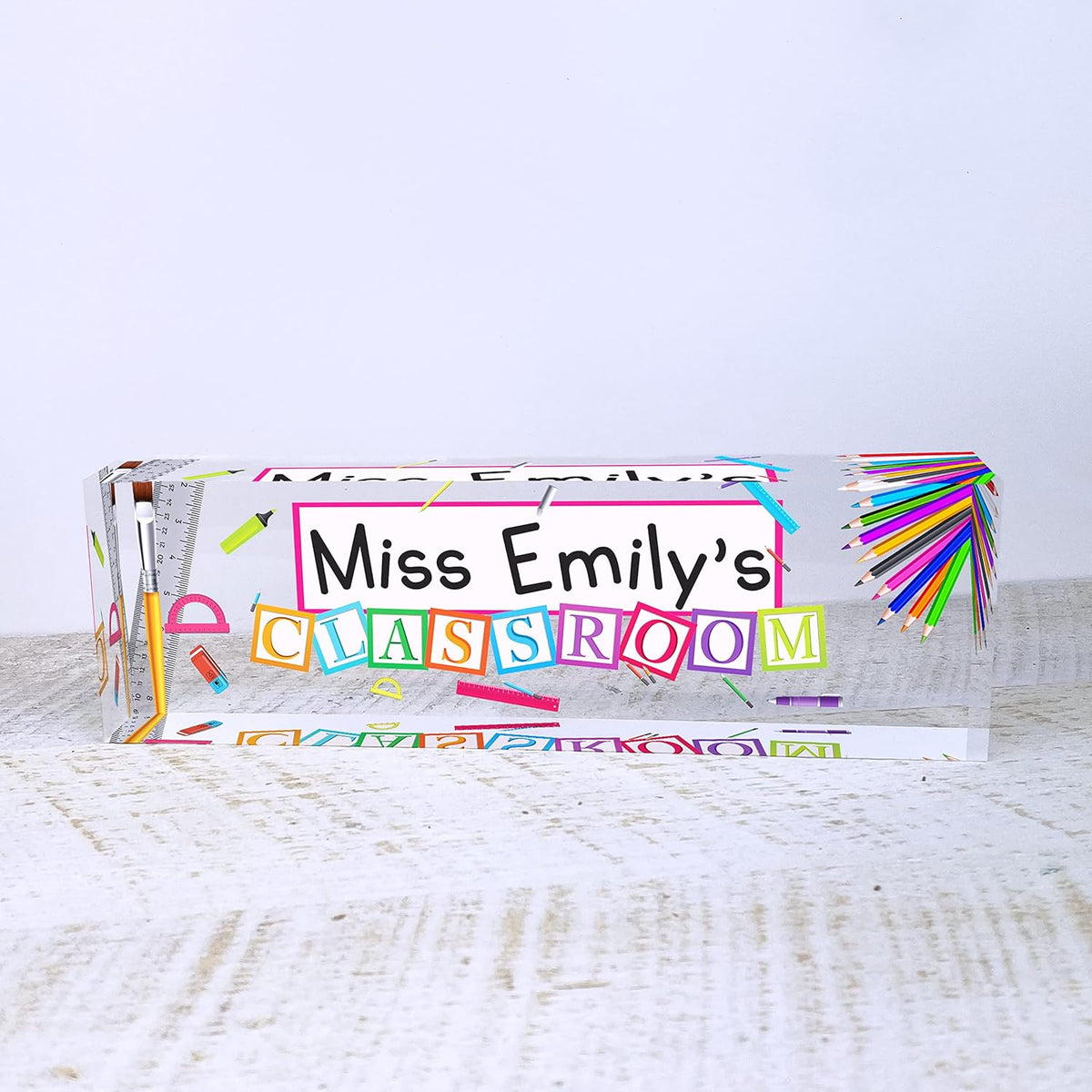 Artblox Acrylic Name Plate, 8'' x 2.5'', Personalized Teacher Desk Sign, Modern Signage