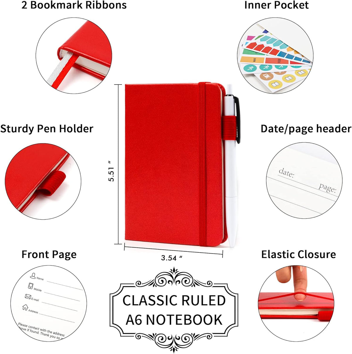 feela 3 Pack Pocket Notebook Journals with 3 Black Pens, A6 Mini Cute Small Journal Notebook Bulk Hardcover College Ruled Notepad with Pen Holder for Office School Supplies, 3.5”x 5.5”, Red