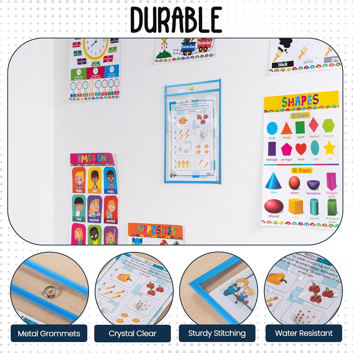 Essex Wares - 6 Pack, Sky Blue, Water-Resistant Dry Erase Pocket Document Protectors, 10" Wide x 13.5" Tall - Dry Erase Clear Plastic Sleeves - Reusable & Easy Erase Plastic Invoice Holders