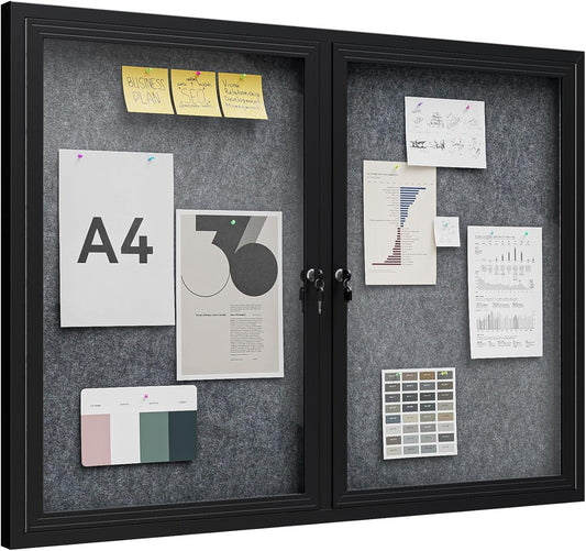 48"x36" Lockable Enclosed Bulletin Board, Outdoor Flet Weather-Resistant Aluminum Frame Notice Board, Wall Mounted Display Case Acrylic Doors for School,Office,Black Frame w/Grey Flet