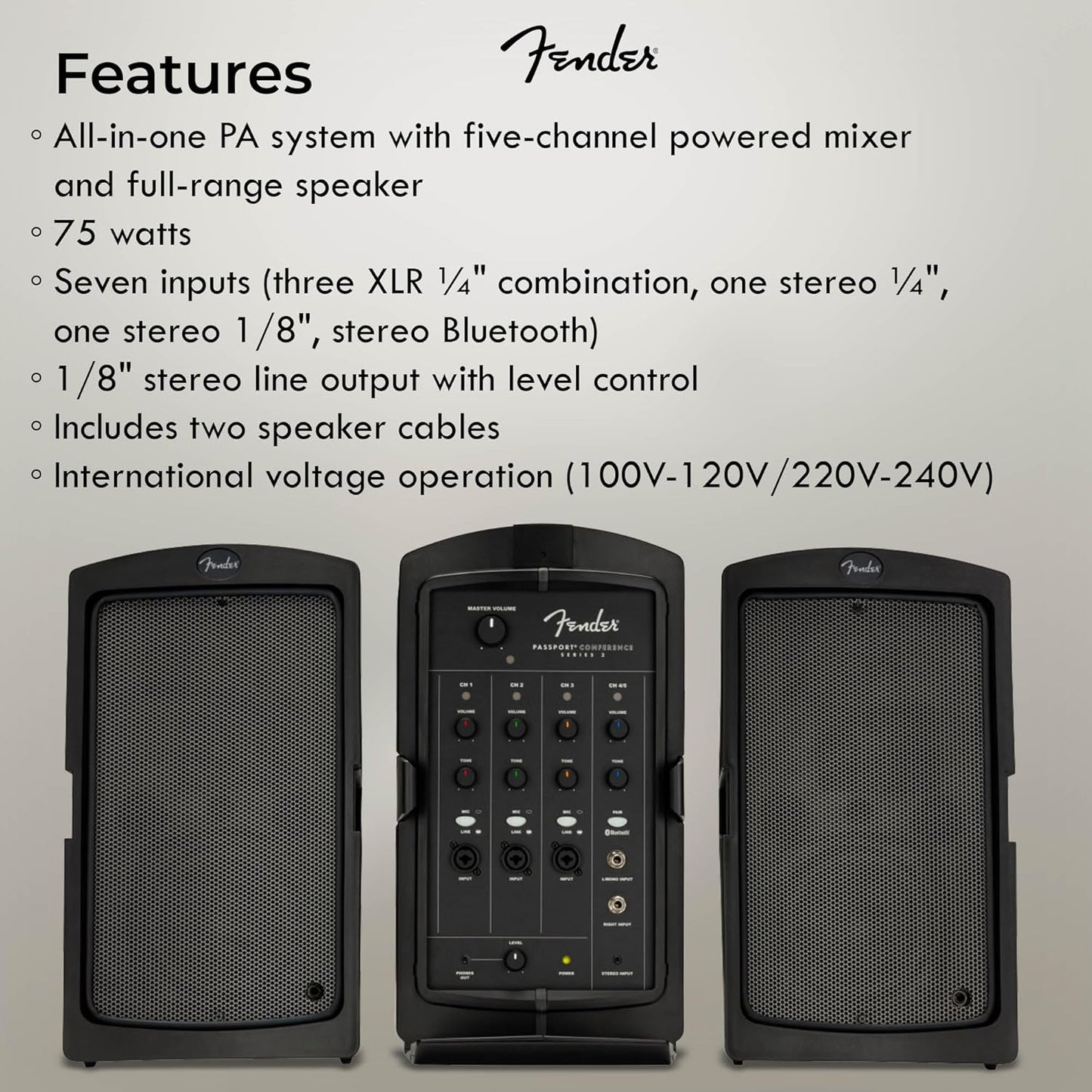 Fender Passport Conference S2 Portable PA System Bundle with Compact Speaker Stands, XLR Cable, and Instrument Cable