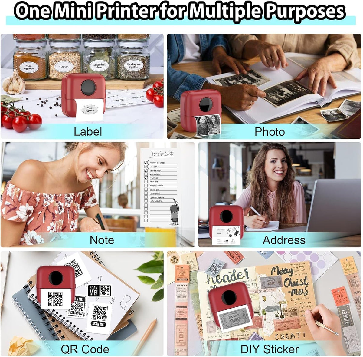 HuiJuKeJi Mini Sticker Printer Bluetooth Smart Pocket Inkless Thermal Printer with 11 Rolls Thermal Paper and Sticker for iOS&Android, Portable Receipt Printer for Photo Note Memo (Brown red)