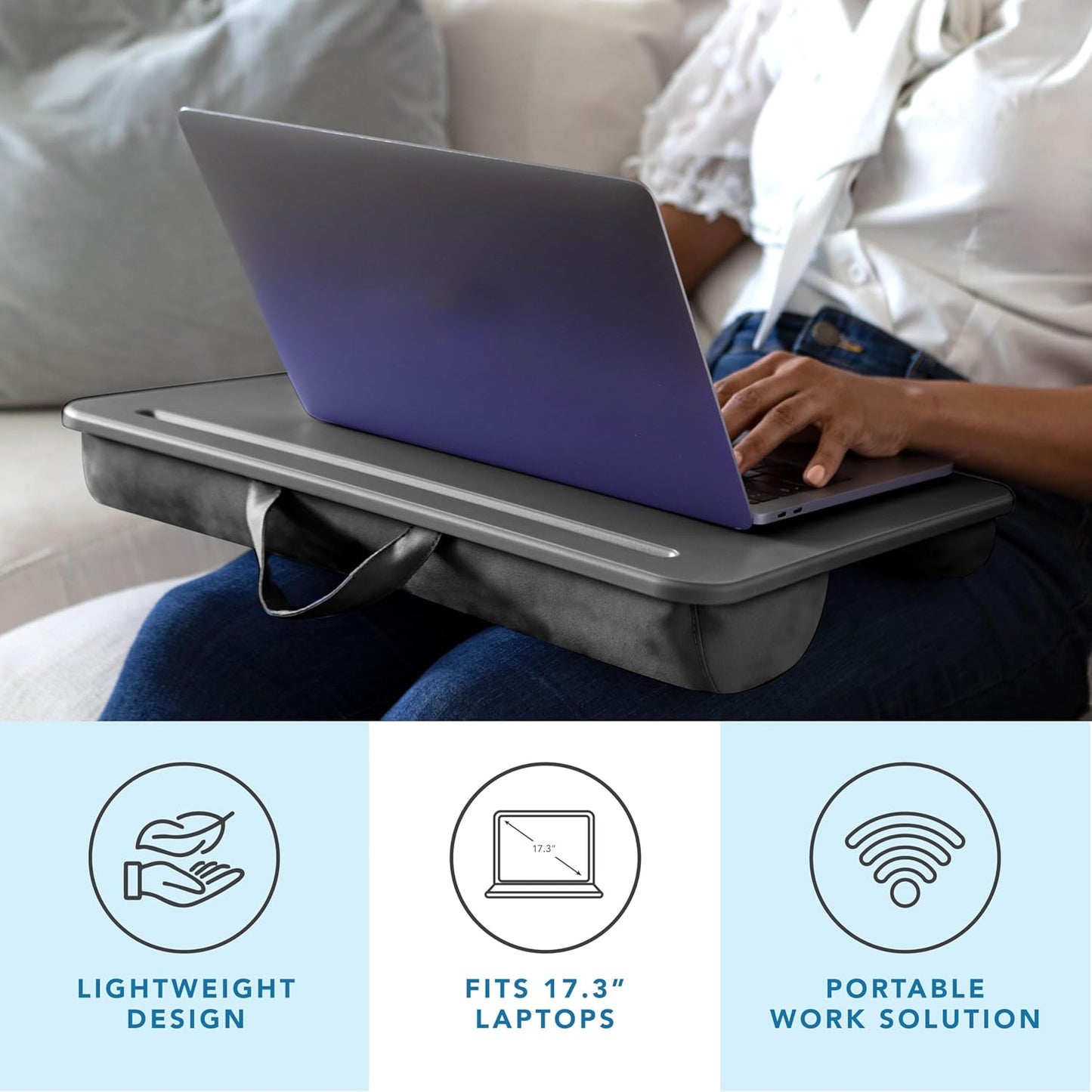 LAPGEAR Original Lap Desk – Large (17.9” x 13”) | Fits Up to 17.3” Laptops | Cushioned with Device Ledge, Pencil Tray & Handle | Portable & Lightweight | 12-Pack | Charcoal – Style No. 45005