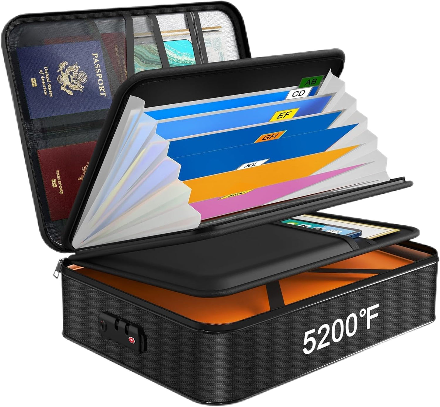 Noiposi 5200℉ Fireproof Document Box, 16.1x 11.4x4.3 Inch Waterproof and Fireproof Document Organizer,Portable Home Travel Safe Storage Box for Legal Size Documents,File and Birth Certificate,Black