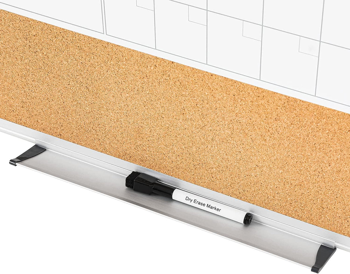 VUSIGN Monthly Calendar Whiteboard Dry Erase Cork Board Combo, 18" x 24" Planning Board, Silver Aluminium Frame